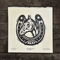 Black and white illustration of Lillian Smith's horse head in a horseshoe on a textured white background, with '2020', 'Rabbit', and 'Blaken' text.